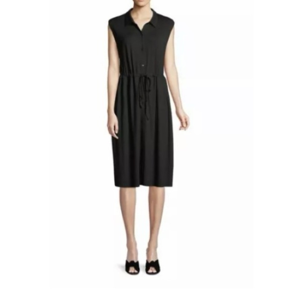 Eileen Fisher Viscose Signature Jersey Shirt Dress Button Down Drawstring Waist